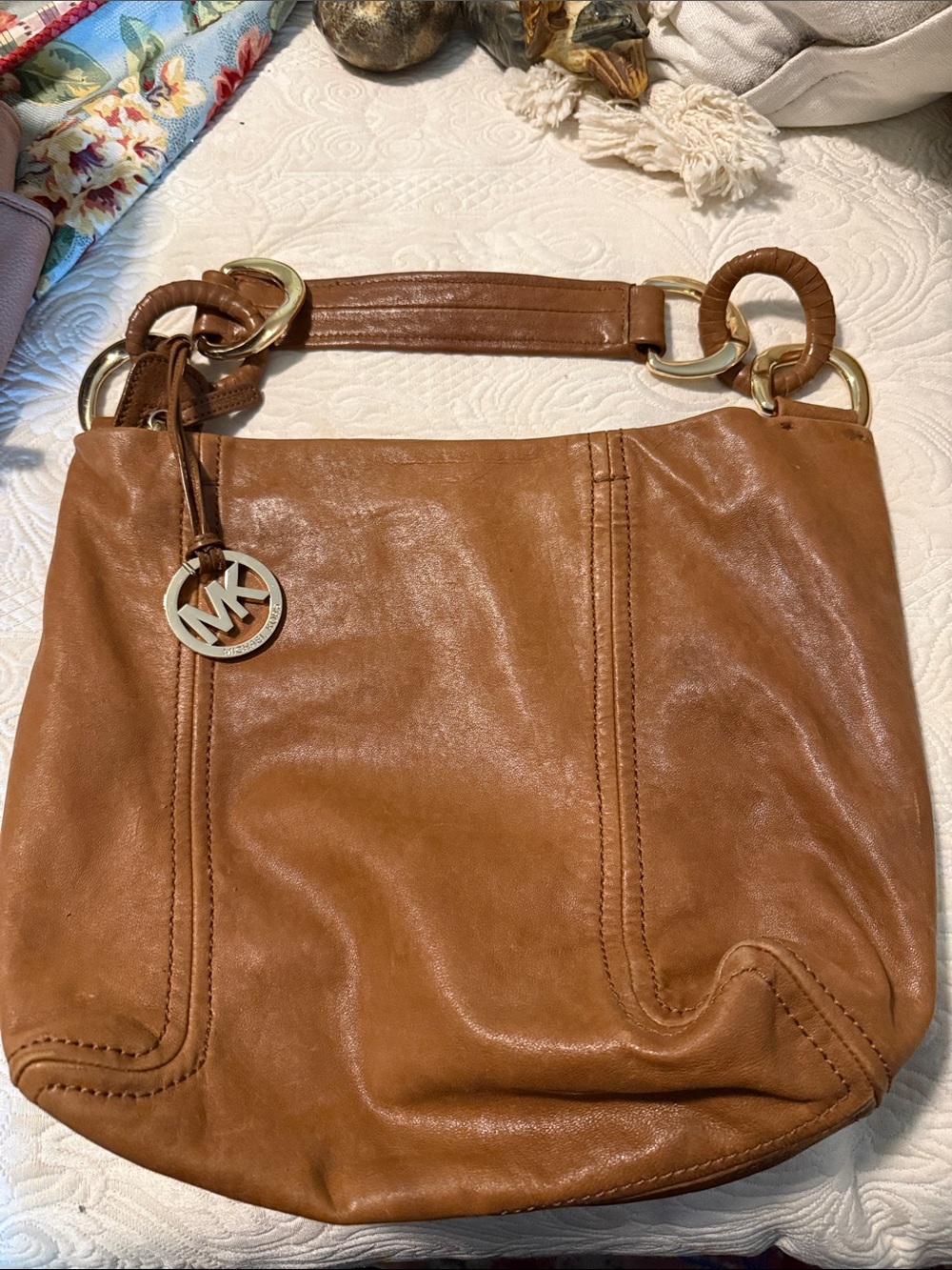 Michael Kors Cognac Leather Shoulder Hobo with Gold Hardware